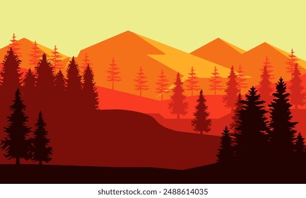paisaje vista natural de las montañas y siluetas de pino