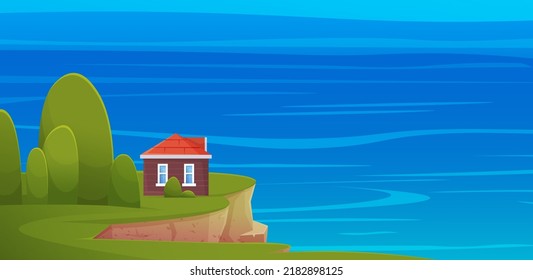 Landscape with nature and architecture. House on edge of cliff and greenery. Natural area with residential building and green spaces. Seascape, house overlooking sea or ocean vector illustration