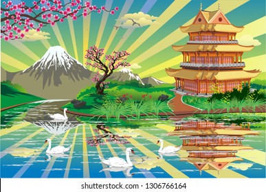 Landscape of nature - the Asia Palace on the shore of a lake with swans. Volcano, mountains, rivers, hills with trees. Sakura flowers. Vector illustration in black and white