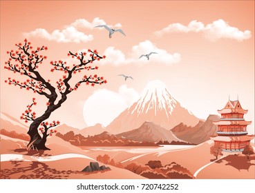 Landscape of nature Asia this morning, Asia Palace, volcano, mountains, rivers, and hills with trees. The Sakura flowers. Vector illustration