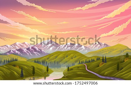 Landscape nature background with mountains, clear sky and clouds, the river flows along the winding road. Beautifu landscape with mountain river descends from peaks and flows through a rocky valley