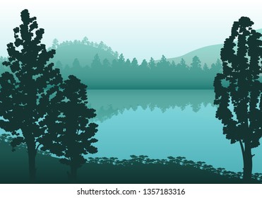 Landscape nature, background river and lake, mountains and coniferous, tropical forests.