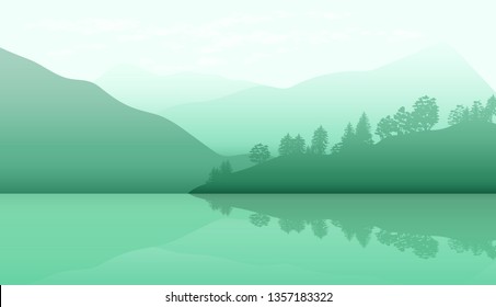 Landscape nature, background river and lake, mountains and coniferous, tropical forests.