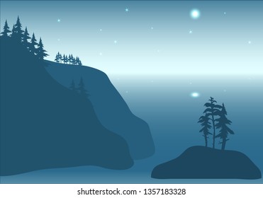 Landscape nature, background river and lake, mountains and coniferous, tropical forests.