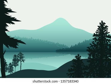 Landscape nature, background river and lake, mountains and coniferous, tropical forests.