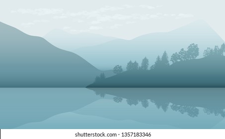 Landscape nature, background river and lake, mountains and coniferous, tropical forests.