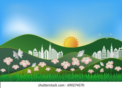 Landscape with nature and building,concept of save the earth and world environment day,paper art style