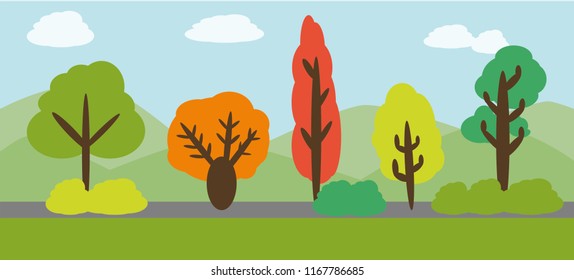 Landscape of nature by the park. Trees and bright pines stand side by side, along the highway. Summer, autumn, spring illustration.