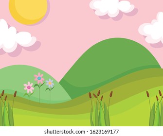 landscape nature clouds sun mountains flowers greenery vector illustration