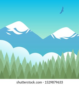 The landscape of nature. Forest of coniferous trees, fog, mountains with snow and blue sky. The eagle flies high. Cartoon vector illustration.