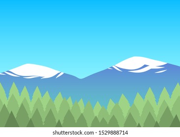The landscape of nature. Forest of coniferous trees, mountains with snow and blue sky. Cartoon vector illustration for background.