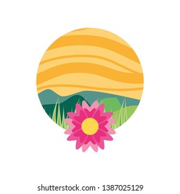 landscape nature in frame circular with flower