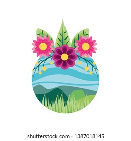 landscape nature in frame circular with flowers