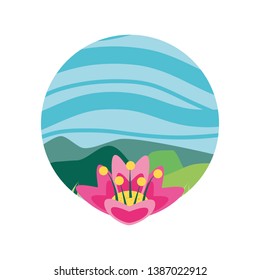 landscape nature in frame circular with flowers