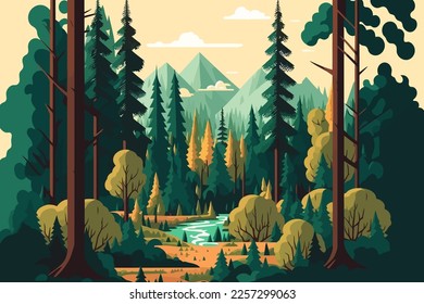 Landscape of nature green forest mountain. Vector illustration in flat color cartoon style.