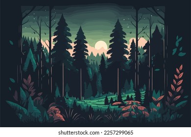 Landscape of nature green forest mountain. Vector illustration in flat color cartoon style.