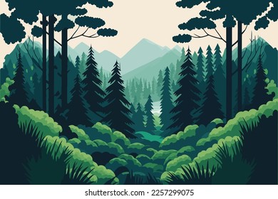 Paisaje de la montaña de bosque verde natural. Ilustración vectorial en estilo de dibujos animados de color plano.