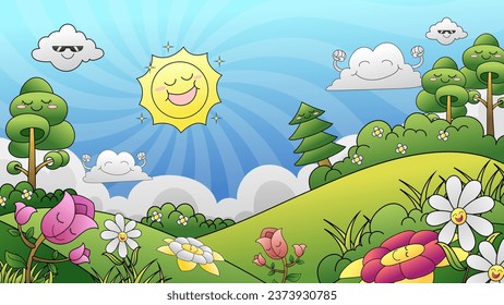 Landscape Nature Green Hill and Plants Illustration Cartoon Look With Outline Style