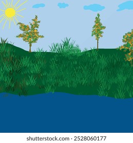 paisaje, naturaleza, verde, prado, hierba, verano, bosque, planta, árbol, primavera, ilustración, follaje, conjunto, Vector, estación, rama, medio ambiente, hoja, campo, tierra, panorama, tronco, nadie,