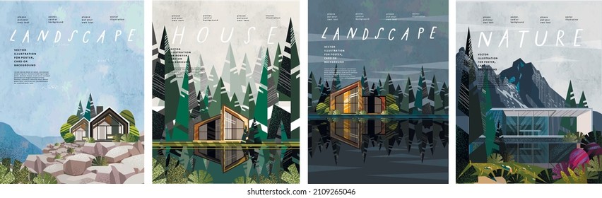 Landscape, nature, house. Vector illustrations of modern architecture, cottage and chalet surrounded by forests, mountains, trees, lake, river. Drawings for poster, background or cover