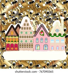 Landscape with nature and houses. Vector illustration. Winter is coming. Over a background. Nature landscape. Winter city with trees, cute houses. Holidays Vector illustration.