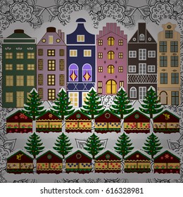 Landscape with nature and houses. Winter city with trees, cute houses. Vector illustration. Nature landscape. Holidays Vector illustration. Winter is coming. Over a background.