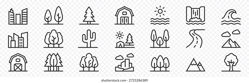 Conjunto de iconos de paisaje y naturaleza: símbolos de contorno editables de ciudad, árbol, bosque, granero, sol, cascada, ola, cactus, carretera y montaña