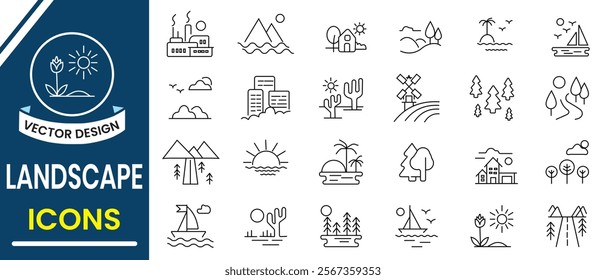 Landscape, Nature icon set. Nature line icon, hiking, adventure symbol. Landscape icons, vector, mountain, forest, river, beach, volcano, waterfall, sunrise, sunset, forest icon. Vector illustration.