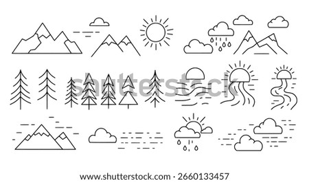 Landscape and nature icon set in a simple, clean line art style. A collection of minimalist outdoor elements like mountains, sun, and trees.