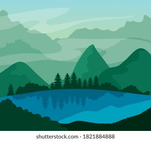 landscape nature with lake, pine trees and mountains vector illustration design