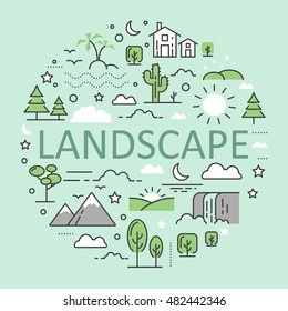 Landscape Nature Line Art Thin Vector Icons Set with Mountains Forest Urban