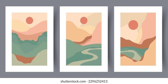 Landscape nature mornings mountains wall art print. Printable minimal abstract nature poster. Contemporary decorative background with mountains. Set, bundle. Wall artwork for interior design.