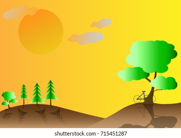 Landscape nature of mountain and bicycle leaning against a tree with clouds and sunlight,Vector illustration.
