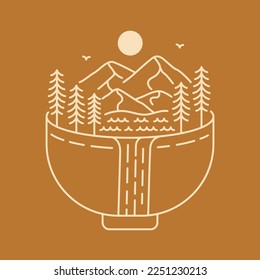 Landscape of Nature Mountain Waterfall in Ramen Bowl Monoline Design for Apparel