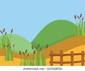 landscape nature mountains fence plants path foliage vector illustration