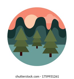 landscape nature mountains foliage trees field sun vector illustration flat style icon
