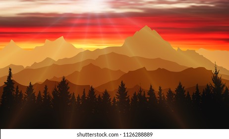 Landscape of nature, mountains and forest at sunset. Travel background, illustration