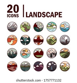 Landscape Nature Mountains Ocean And Forest In Circle Icons Set Vector Illustration Line And Fill Icon