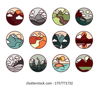 landscape nature mountains ocean and forest in circle icons set vector illustration line and fill icon