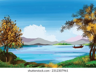 Landscape and nature on watercolor tree background