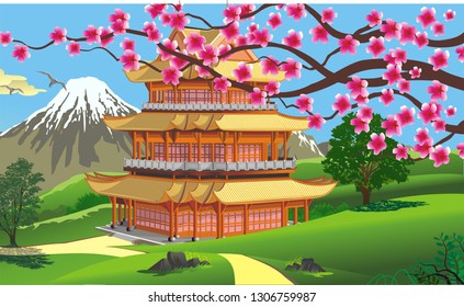 Landscape of nature, Palace of Asia, volcano, mountains, rivers, hills with trees. Sakura flowers. Vector illustration