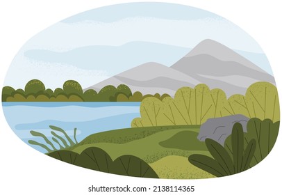 Landscape of nature, plants, flora of natural area. Lake view, outdoor recreation place. Beautiful scenery of water surface. River bank with hills. Lake shore with sand beach vector illustration