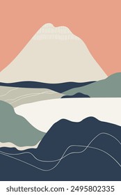 Landscape, nature poster with rock, mountain and sea. Asian minimalist abstract wall art, harmony. Vertical card background, calm peaceful serene scenery in modern style. Flat vector illustration