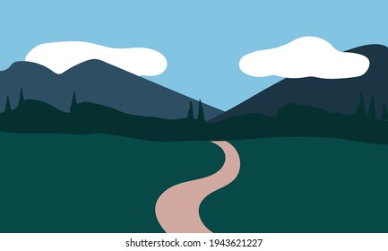 Landscape nature with sky, clouds, mountains, trees, grass and road.Landscape vector.
