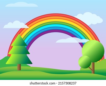 Landscape of nature, sky grass and rainbow. Green meadow with bushes and trees, field with grass and sky with clouds. The art of the environment. Vector.