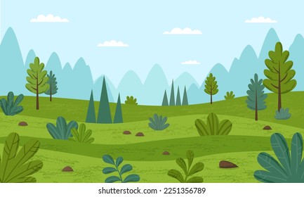 Paisaje natural fondo de verano con árboles, arbustos, montañas y cielo	