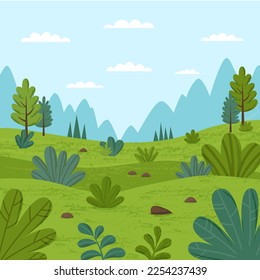 Landscape nature summer background with trees, bushes, mountains and sky	