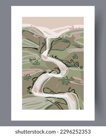 La naturaleza paisajística tortuosa estampado de arte en la pared. Afiche de la naturaleza abstracta mínimo imprimible. Paredes de arte para el diseño interior. Marco decorativo contemporáneo con brook.