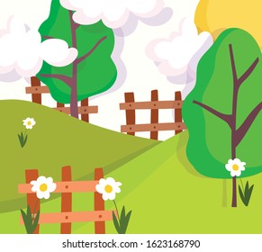 landscape nature tree clouds sun wooden fence flowers grass vector illustration
