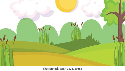 landscape nature tree clouds sun bush grass vegetation vector illustration
